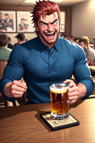 (professional 3d ANIME, cel-shading), highquality manly handsome masculine male person ABSURDLAUGHING while insanly drunk for fun at the table in the restaurant ,  holding BEERmug, cheering, energetic, WHISKY, SHORT MASCULINE  HAIR, mean, evil, (facialhair, blushes hard evil LAUGHING CRAZILY drunk   for fun:1.3), WEARING RENDERED FULLY-CLOTHED MALEWEAR, HE HIS HIM ONLY, impressive realistic, PERFECTLY-SHAPED MALE HANDSFINGERS MOVEMENT, truly detailed,  extremely vibrant colorful matte tones, masterpiece, inspired by real professional MALE   ACTOR, depth of field, soft focus blurring the background, male focus ,  only realistic, real, epic,  Big Boss