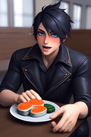 score_9, score_8_up, a man, short hair, brown facial hair, masculine , prominent cheekbones, mature male, APHELIOS, cheers!, at the table  in the restaurant, leather jacket, fully-clothed, manly , 日本酒 , 清酒, sushi, kanpai!,  (very drunk while blushing and mouth open crazily 🤤drool for fun at viewer:1.3),    striking blue eyes,  realistic, source_retarded, league of legends, 3d, rating_questionable, cel-shading, unreal engine, Aphelios, Black Hair
