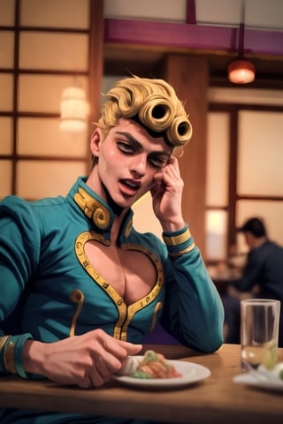 handsome fashion muscular Giorno Giovanna male person at the table in the japanese restaurant, drooling, blushes, (visibly drunk for fun:1.3), impressive realistic, truly detailed, mouth open, extremely vibrant colorful matte rainbow tones, masterpiece, inspired by GiornoGiovanna_\(JoJo anime\), depth of field, soft focus blurring the background, male focus,