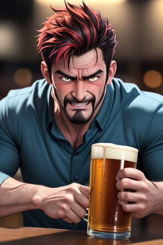 (professional 3d ANIME, cel-shading), highquality manly handsome masculine Belgian male person evilgrin while insanly drunk for fun at the table in the restaurant ,  holding BEERmug, cheering, energetic, WHISKY, SHORT MASCULINE  HAIR, mean, evil, (facialhair, blushes hard evil drunk   for fun:1.3), WEARING RENDERED FULLY-CLOTHED MALEWEAR, HE HIS HIM ONLY, impressive realistic, PERFECTLY-SHAPED MALE HANDSFINGERS MOVEMENT, truly detailed,  extremely vibrant colorful matte tones, masterpiece, inspired by real professional MALE   ACTOR, depth of field, soft focus blurring the background, male focus ,  only realistic, real, epic,   
