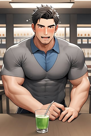 SCORE_9, SCORE_8_UP, 1BOY, MATURE MALE, FORMALWEAR, SHIRT, AT TABLE IN RESTAURANT, DRINK, BLUSHES, DRUNK, MUSCULAR, SHORT HAIR, CHEERS, YATTA NE!, DROOLING FOR FUN, HANDSOME, INTRICATE EYES, MANLY MALE, 3D, CEL-SHADING, SOURCE_ANIME, RATING_QUESTIONABLE,  ,sh4wnman