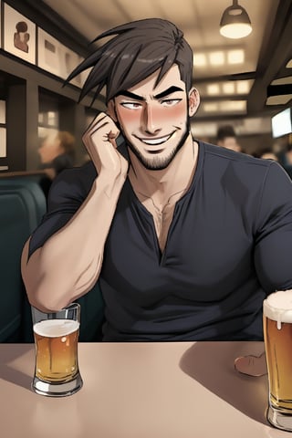 handsome masculine male person evilgrin while insanly drunk for fun at the table in the restaurant , BEER, WHISKY, short HAIR, mean, evil, (facialhair, blushes hard evil drunk   for fun:1.3), WEARING RENDERED FULLY-CLOTHED, impressive realistic, truly detailed,  extremely vibrant colorful matte rainbow tones, masterpiece, inspired by real professional MALE   ACTOR, depth of field, soft focus blurring the background, male focus ,  only realistic, real, epic, creedo_mateo