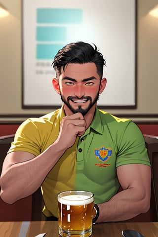 (professional 3d, cel-shading), highquality manly handsome masculine male person evilgrin while insanly drunk for fun at the table in the restaurant , holding BEERmug, cheering, energetic, WHISKY, short HAIR, mean, evil, (facialhair, blushes hard evil drunk   for fun:1.3), WEARING RENDERED FULLY-CLOTHED, impressive realistic, truly detailed,  extremely vibrant colorful matte rainbow tones, masterpiece, inspired by real professional MALE   ACTOR, depth of field, soft focus blurring the background, male focus ,  only realistic, real, epic, creedo_mateo,syahnk