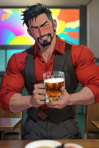 (professional 3d ANIME, cel-shading), highquality manly handsome masculine male person evilgrin while insanly drunk for fun at the table in the restaurant , DARK SKIN,  holding BEERmug, cheering, energetic, WHISKY, short HAIR, mean, evil, (facialhair, blushes hard evil drunk   for fun:1.3), WEARING RENDERED FULLY-CLOTHED, impressive realistic, PERFECT HANDS MOVEMENT, truly detailed,  extremely vibrant colorful matte rainbow tones, masterpiece, inspired by real professional MALE   ACTOR, depth of field, soft focus blurring the background, male focus ,  only realistic, real, epic,  syahnk
