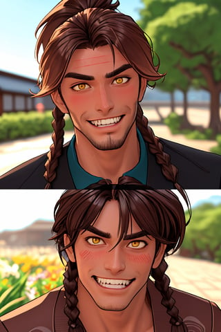 (professional 3d ANIME, cel-shading), perfectly-shaped highquality manly handsome masculine male person at the GARDENtable in the OUTDOORSrestaurant AT buzy street in japan,JEWELRY, PONYTAIL,  SYMMETRY, ACCURATE INTRICATE MALE HEAD AND FACE,   WHITE HAIR,    sushi, cheers, SHORT MASCULINE HAIR, twin braids, YELLOW EYES, mean, evil, (  blushes hard EVILGRIN while drunk for fun:1.3), so cool!, WEARING RENDERED FULLY-CLOTHED MALEWEAR, HE HIS HIM ONLY,  impressive realistic,  truly detailed,  extremely vibrant colorful matte tones, masterpiece, inspired by real professional happilydrunk (Zafir) MALE   ACTOR, depth of field, soft focus blurring the background, male focus ,  only realistic, real, epic,  ,Zafir,brown hair