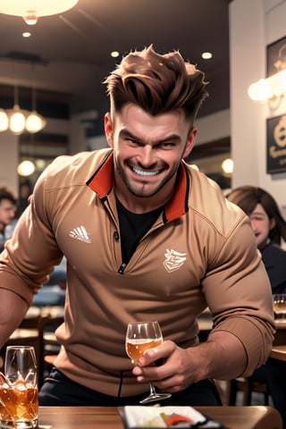 (professional 3d ANIME, cel-shading), perfectly-shaped highquality manly handsome masculine male person at the table in the restaurant , REAL CARTOON,   cheering, energetic, WHISKY on table, sushi, cheers, SHORT MASCULINE  HAIR, mean, evil, (facialhair, blushes hard EVILGRIN while drunk   for fun:1.3), WEARING RENDERED FULLY-CLOTHED MALEWEAR, HE HIS HIM ONLY, impressive realistic, PERFECTLY-SHAPED MALE HANDSFINGERS MOVEMENT, truly detailed,  extremely vibrant colorful matte tones, masterpiece, inspired by real professional happilydrunk hillarious MALE   ACTOR, depth of field, soft focus blurring the background, male focus ,  only realistic, real, epic,   ,jaeggernawt