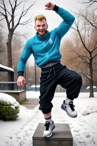 A stylish, 30-year-old truly chav Englishman quickly jumping  with realistic leparkour movement, tall, his slender frame accentuated by broad shoulders and a strong neck. A tattooed sleeve peeks out from beneath a well-rendered punk-inspired winterwear with bold symbols. Baggy pants and skater sneakers complete the male chav look, while funny socks add a playful touch.  On a snowy day in an urban leparkour park setting  full of graffiti, he exudes confidence and joy , his vibrant colors popping against the vivid setting with depth of field.