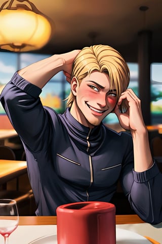 handsome masculine blonde male person evil smiling while insanly drunk for fun at the table in the restaurant , STYLISH, (blonde facialhair, blushes hard visibly drunk evil smiling for fun:1.3), WEARING RENDERED FULLY-CLOTHED, impressive realistic, truly detailed,  extremely vibrant colorful matte rainbow tones, masterpiece, inspired by jean kirstein_\(attack on titan realistic MOVIE\) MALE   ACTOR, depth of field, soft focus blurring the background, male focus 