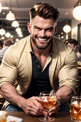 (professional 3d ANIME, cel-shading), perfectly-shaped highquality manly handsome masculine male person at the table in the restaurant , REAL CARTOON,   cheering, energetic, WHISKY on table, sushi, cheers, SHORT MASCULINE  HAIR, mean, evil, (facialhair, blushes hard EVILGRIN while drunk   for fun:1.3), WEARING RENDERED FULLY-CLOTHED MALEWEAR, HE HIS HIM ONLY, impressive realistic, PERFECTLY-SHAPED MALE HANDSFINGERS MOVEMENT, truly detailed,  extremely vibrant colorful matte tones, masterpiece, inspired by real professional happilydrunk hillarious MALE   ACTOR, depth of field, soft focus blurring the background, male focus ,  only realistic, real, epic,   ,jaeggernawt