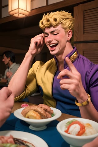 handsome fashion muscular Giorno Giovanna male person crazilly laughing while insanly drooling drunk for fun at the table in the japanese restaurant, drooling, blushes, (visibly drunk for fun:1.3), impressive realistic, truly detailed, mouth open, extremely vibrant colorful matte rainbow tones, masterpiece, inspired by GiornoGiovanna_\(JoJo anime\), depth of field, soft focus blurring the background, male focus,