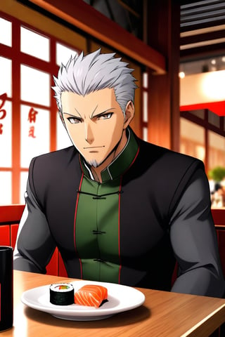 score_9, 1boy, male Archer_\(Fate_Zero\), bara, source_anime, UFOTable, grey hair, sitting at the table, restaurant, 清酒, 日本酒, drunk for fun, bubbles, sushi, soft-focused restaurant background, blushing, cel-shading, 3d, unreal engine,