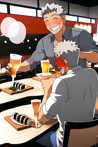 score_9, 1boy, male Archer_\(Fate_UBW\), bara, source_anime, UFOTable, grey hair, sitting at the table, restaurant, 清酒, 日本酒, (visibly drunk, insanely laughing while 🤤 drooling for fun, blushes:1.2), bubbles, sushi, soft-focused restaurant background, blushing, cel-shading, 3d anime, 