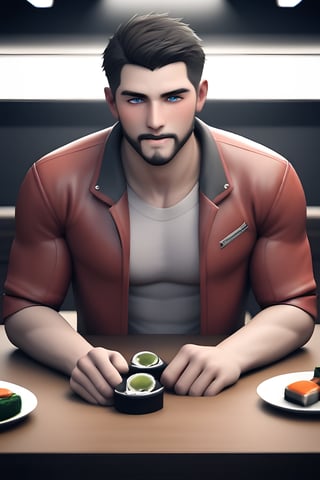 score_9, score_8_up, a English man, 27yearold, short hair, brown facial hair, masculine , prominent cheekbones, mature male, falko, at the table  in the restaurant, neon jacket, fully-clothed, manly , sushi, kanpai!, (very drunk while blushing and mouth open drooling for fun at viewer), striking blue eyes,  realistic, source_retarded, 3d, rating_questionable, cel-shading, unreal engine, falk0man