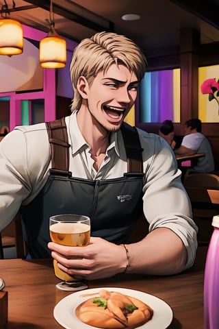 handsome masculine blonde male person crazilly laughing while insanly drooling drunk for fun at the table in the restaurant , STYLISH, (visibly drunk for fun:1.3), WEARING RENDERED FULLY-CLOTHED, impressive realistic, truly detailed, MOUTH OPEN , extremely vibrant colorful matte rainbow tones, masterpiece, inspired by jean kirstein_\(attack on titan realistic MOVIE\) MALE   ACTOR, depth of field, soft focus blurring the background, male focus 