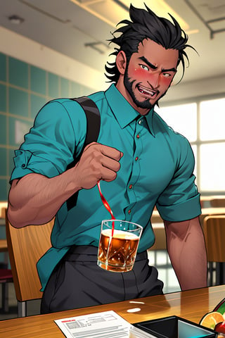 (professional 3d ANIME, cel-shading), highquality manly handsome masculine male person evilgrin while insanly drunk for fun at the table in the restaurant , DARK SKIN,  holding BEERmug, cheering, energetic, WHISKY, SHORT WAVY HAIR, mean, evil, (facialhair, blushes hard evil drunk   for fun:1.3), WEARING RENDERED FULLY-CLOTHED, impressive realistic, PERFECT HANDS MOVEMENT, truly detailed,  extremely vibrant colorful matte rainbow tones, masterpiece, inspired by real professional MALE   ACTOR, depth of field, soft focus blurring the background, male focus ,  only realistic, real, epic,  syahnk