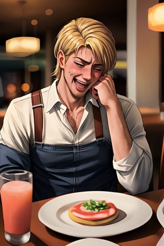 handsome masculine blonde male person crazilly laughing while insanly drooling drunk for fun at the table in the restaurant , STYLISH, (blonde facialhair, blushes hard visibly drunk drooling for fun:1.3), WEARING RENDERED FULLY-CLOTHED, impressive realistic, truly detailed, MOUTH OPEN , extremely vibrant colorful matte rainbow tones, masterpiece, inspired by jean kirstein_\(attack on titan realistic MOVIE\) MALE   ACTOR, depth of field, soft focus blurring the background, male focus 