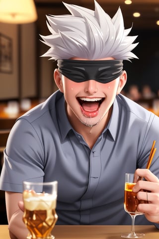 (professional 3d ANIME, cel-shading), perfectly-shaped highquality manly handsome masculine male person at the table in the restaurant , blindfold ON,  SYMMETRY, ACCURATE INTRICATE MALE HEAD AND FACE,   WHITE HAIR,  WHISKY on table, sushi, cheers, SHORT MASCULINE HAIR, mean, evil, (facialhair, blushes hard insanelyhillariouslaughing (drooling) while drunk for fun:1.3), so cool!, WEARING RENDERED FULLY-CLOTHED MALEWEAR, HE HIS HIM ONLY, impressive realistic,  truly detailed,  extremely vibrant colorful matte tones, masterpiece, inspired by real professional happilydrunk MALE   ACTOR, depth of field, soft focus blurring the background, male focus ,  only realistic, real, epic, Gojo Satoru  ,