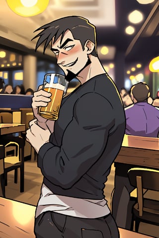 (professional realistic 3d), highquality manly handsome masculine male person evilgrin while insanly drunk for fun at the table in the restaurant , holding BEERmug, cheering, energetic, WHISKY, short HAIR, mean, evil, (facialhair, blushes hard evil drunk   for fun:1.3), WEARING RENDERED FULLY-CLOTHED, impressive realistic, truly detailed,  extremely vibrant colorful matte rainbow tones, masterpiece, inspired by real professional MALE   ACTOR, depth of field, soft focus blurring the background, male focus ,  only realistic, real, epic, creedo_mateo