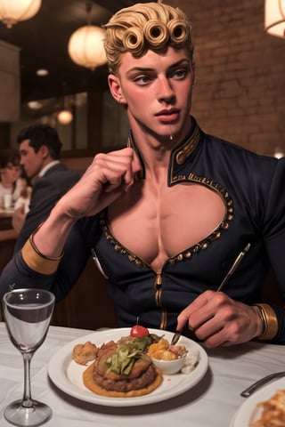 handsome fashion muscular 
Giorno Giovanna male person at the table in the restaurant, drooling, blushes, drunk, impressive realistic, truly detailed, masterpiece