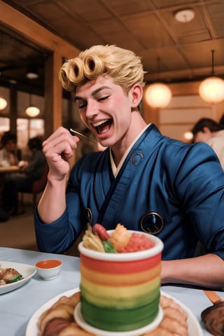 handsome fashion muscular Giorno Giovanna male person crazilly laughing while insanly drooling drunk for fun at the table in the japanese restaurant, drooling, blushes, (visibly drunk for fun:1.3), impressive realistic, truly detailed, mouth open, extremely vibrant colorful matte rainbow tones, masterpiece, inspired by GiornoGiovanna_\(JoJo anime\), depth of field, soft focus blurring the background, male focus,