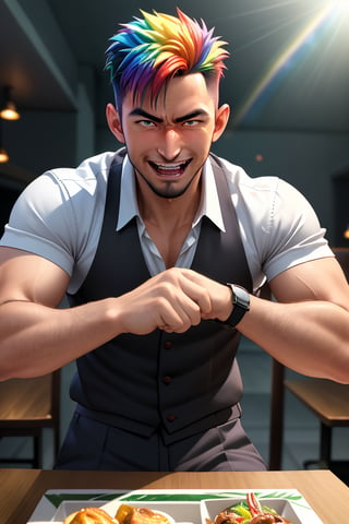 (professional 3d ANIME, cel-shading), highquality manly handsome masculine male person evilgrin while insanly drunk for fun at the table in the restaurant , DARK SKIN,  holding BEERmug, cheering, energetic, WHISKY, SHORT MASCULINE  HAIR, mean, evil, (facialhair, blushes hard evil drunk   for fun:1.3), WEARING RENDERED FULLY-CLOTHED MALEWEAR, HE HIS HIM ONLY, impressive realistic, PERFECT HANDS MOVEMENT, truly detailed,  extremely vibrant colorful matte rainbow tones, masterpiece, inspired by real professional MALE   ACTOR, depth of field, soft focus blurring the background, male focus ,  only realistic, real, epic,  syahnk