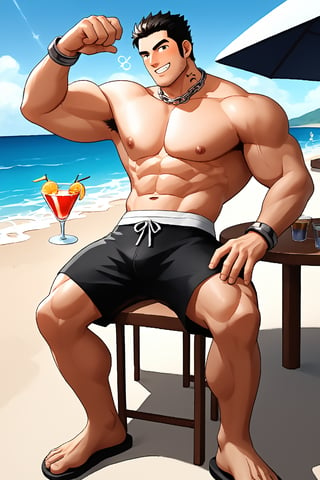 SCORE_9, SCORE_8_UP, 1BOY, MATURE MALE, MALE BEACHSHORTS ON, NECKCHAIN, OUTDOORS AT BEACH BAR, SKY, DRINK, BLUSHES, DRUNK, MUSCULAR, SHORT HAIR, ((SHOURYUKEN!)), BUBBLES, TRULYEVIL GRIN FOR FUN, HANDSOME, INTRICATE EYES, MANLY MALE, 3D, CEL-SHADING, SOURCE_ANIME, BEACH, OCEAN, VIVID, ALIVE, RATING_QUESTIONABLE, RATING_VERYRETARDED ,Lucas_Lee