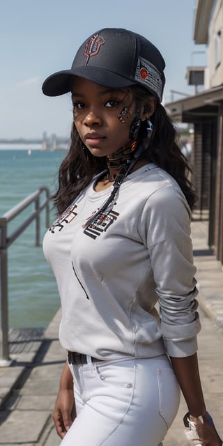 in a crowd of people walks an African girl, with robotic hands and arms, walking along the sidewalk in Venice beach in California, with the pacific ocean and white sands in the background, white black sweatshirt, tight jeans, tight pants, full lips, large perky breast, baseball cap, holding an apple smart phone, art influence by anime series afro-samurai. Fantastic photo, high detailed, bio-robotic art, digital painting, biomechanical sculpture, 3d vector art, super detailed face, super detailed eyes, 1 girl with robotic hands,hightech_robotics