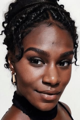 1girl, solo, long hair, looking at viewer, black hair, bare shoulders, brown eyes, jewelry, hairband, earrings, pants, dark skin, necklace, off shoulder, nail polish, sweater, dark-skinned female, lips, fingernails, book, eyelashes, makeup, forehead, ribbed sweater, curly hair, hoop earrings, nose, pen, pencil, big hair, off-shoulder sweater, very dark skin, dreadlocks, full view
