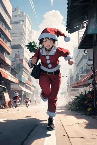 kawaii, illustration, (emo girl:1.4), (Blade Runner style:1.2), (running, Ground:1.4), BREAK
Soaring high, an Emo Girl (Santa Claus cosplay styles:1.4), (santa claus pants:1.2), flies freely under the sun, blending traditional and urban styles. Her energetic presence and bag of presents contrast against a backdrop of rainbows, clouds, and vivid sunlight. BREAK 
This digital art scene is rich in rainbow hues, blues, and yellows, symbolizing adventure and joy. The mood is dynamic and fun, capturing the essence of a joyful journey through the sky. 