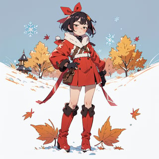 (Winter mountain background with autumn leaves), analog, (watercolor: 0.8), hand-drawn, anime face, 1 girl, solo, bob hair, flat chest, red winter clothes, mitten gloves, ribbon, long heel boots, snowflakes , full body, fantasy,