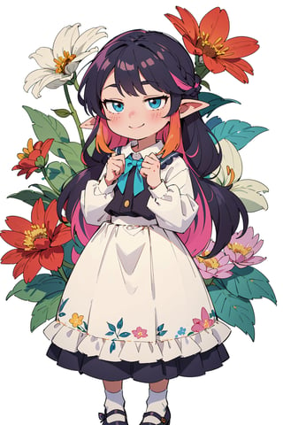 (Botanical art background:1.3), colorful, (multicolored lots of flowers:1.3), (flower background:1.2), white background, (anime:1.1), BREAK
(1girl:1.2), elf, smile, (looking away), chubby, long hair with one french braid, gorgeous, (blouse, with ruffled collar, ruffled lace), (skirt:1.3), pumps