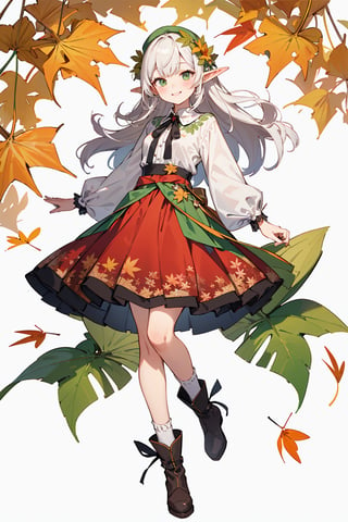 ((Botanical art white background)), 1 girl, cchubby, super long hair, blouse, skirt, frilly socks, ribbon, boots, elf, smile, autumn, lots of maple leaves and ginkgo trees with red leaves,