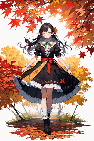 ((Botanical art white background)), 1 girl, cchubby, super long hair, blouse, skirt, frilly socks, ribbon, boots, elf, smile, autumn, lots of maple leaves and ginkgo trees with red leaves,