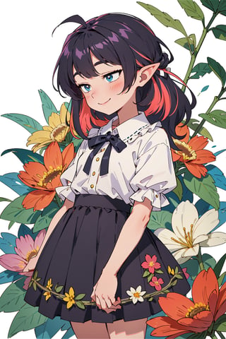 (Botanical art background:1.3), colorful, (multicolored lots of flowers:1.3), (flower background:1.2), white background, (anime:1.1), BREAK
(1girl:1.2), elf, smile, (looking away), chubby, long hair with one french braid, gorgeous, (blouse, with ruffled collar, ruffled lace), (skirt:1.3), pumps