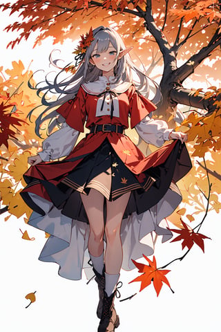((Botanical art white background)), 1 girl, cchubby, super long hair, blouse, skirt, frilly socks, ribbon, boots, elf, smile, autumn, lots of maple leaves and ginkgo trees with red leaves,