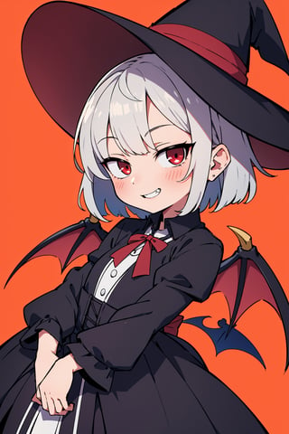(dark red bat background:1.2), (absurdres, highres, ultra detailed, perfect anatomy:1.2), anime, halloween, BREAK
1girl, solo, flat chest, chubby, (vampire cosplay:1.2), fangs, fluffy dress, silver hair, red eyes, Gothic Lolita clothes, grin, Depression, doubt, expression, looking at viewer,(Helltaker:0.5)