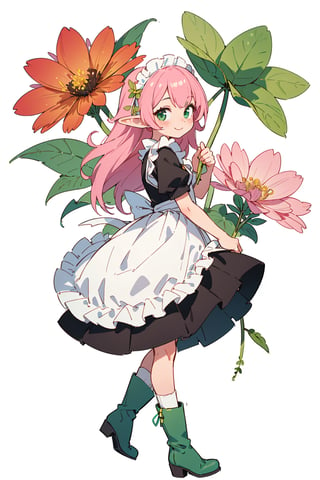 (small Botanical art white background:1.4), 1girl, from side, dynamic pose, cchubby, long hair, maid dress, boots, elf, little smile, autumn, (lots of pink cosmos \(flower\) and green leaves)