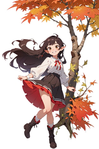 ((Botanical art white background)), 1 girl, cchubby, super long hair, blouse, skirt, frilly socks, ribbon, boots, elf, smile, autumn, lots of maple leaves and ginkgo trees with red leaves,