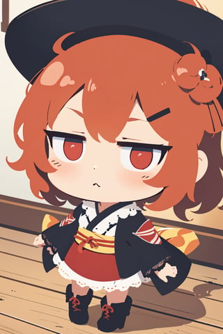 absurdres, highres, ultra detailed, full body, (Portrait:1.1), fisheye, Close-up, cute, (1girl:1.3), (chibi:1.1), Expressionless, (looking at viewer:1.1), upright immovable, smooth curly hair, BREAK
(red gothic lolita:1.3), (blace kimono:1.3), (red camisole:1.1), red hairpin, hair ornament, lace-up boots, platform boots,