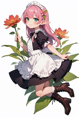 (small Botanical art white background:1.4), 1girl, from side, dynamic pose, cchubby, long hair, maid dress, boots, elf, little smile, autumn, (lots of pink cosmos \(flower\) and green leaves)