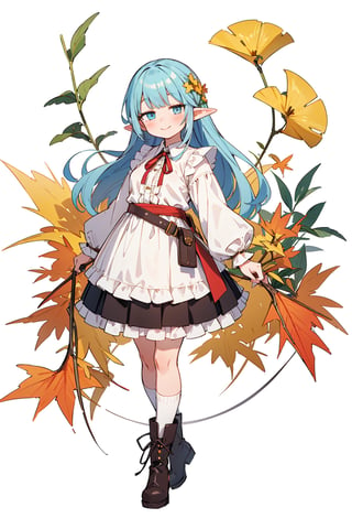 ((Botanical art white background)), 1 girl, chubby, very long hair, blouse, skirt, frilled socks, ribbon, boots, elf, smile, Autumn, lots of maple and ginkgo trees,