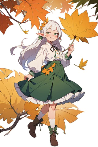 ((Botanical art white background)), 1 girl, chubby, very long hair, blouse, skirt, frilled socks, ribbon, boots, elf, smile, Autumn, lots of maple and ginkgo trees,