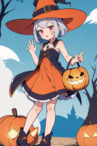(absurdres, highres, ultra detailed, perfect anatomy:1.2), anime, fullbody, halloween, BREAK
(1girl:1.2), solo, flat chest, waved hair, silver hair, bob hair, (red eyes:1.1), (Witch, Tree, Magic Circle:1.1)