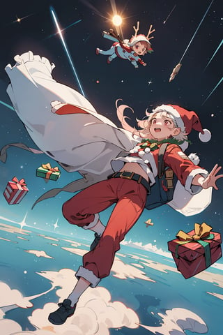 kawaii, illustration, (emo girl:1.4), (Blade Runner style:1.2), (floating girl:1.4) BREAK
(future space art:1.3), an Emo Girl (Santa Claus cosplay styles:1.4), (santa claus red pants:1.2), Spacesuit, blending traditional and urban styles. Her energetic presence and bag of presents, vivid sunlight. BREAK
This digital art scene is rich in blues, and red, symbolizing adventure and joy, capturing the essence of a joyful journey through the outer space