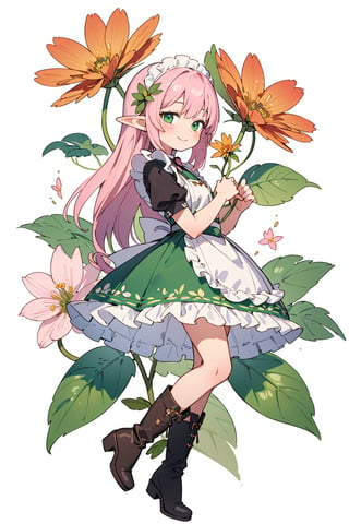 (small Botanical art white background:1.4), 1girl, from side, dynamic pose, cchubby, long hair, maid dress, boots, elf, little smile, autumn, (lots of pink cosmos \(flower\) and green leaves)