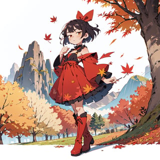 (Autumn mountain background with colored leaves), analog, (watercolor:0.1), hand drawn, anime face, 1girl, solo, bob hair, flat chest, red dress, ribbon, long heel boots, Autumn leaves, red maple, full body, fantasy,