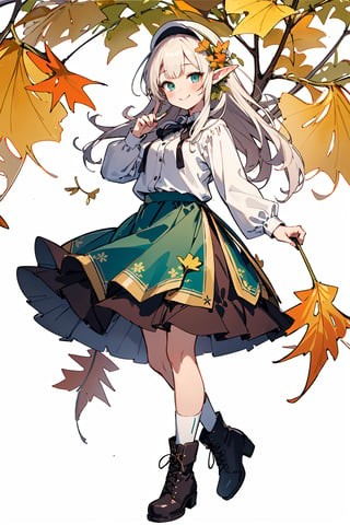 ((Botanical art white background)), 1 girl, chubby, very long hair, blouse, skirt, frilled socks, ribbon, boots, elf, smile, Autumn, lots of maple and ginkgo trees,