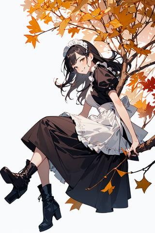 ((Botanical art white background:1.3)),1 girl,from side,dynamic pose, sitting, chubby, long hair, maid dress, boots, smile, autumn, lots of maple leaves and ginkgo trees with red leaves