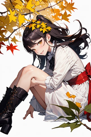 ((Botanical art white background:1.3)),1 girl,from side,dynamic pose, sitting, chubby, long hair, maid dress, boots, smile, autumn, lots of maple leaves and ginkgo trees with red leaves