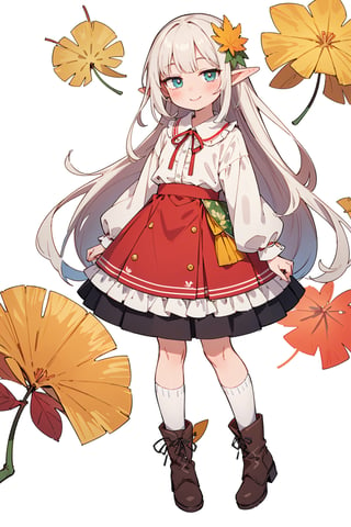 ((Botanical art white background)), 1 girl, cchubby, super long hair, blouse, skirt, frilly socks, ribbon, boots, elf, smile, autumn, lots of maple leaves and ginkgo trees with red leaves,